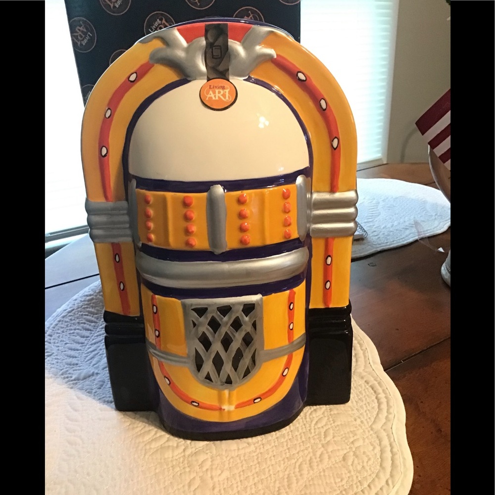 Living art Retro jukebox ceramic cookie jar. New in box